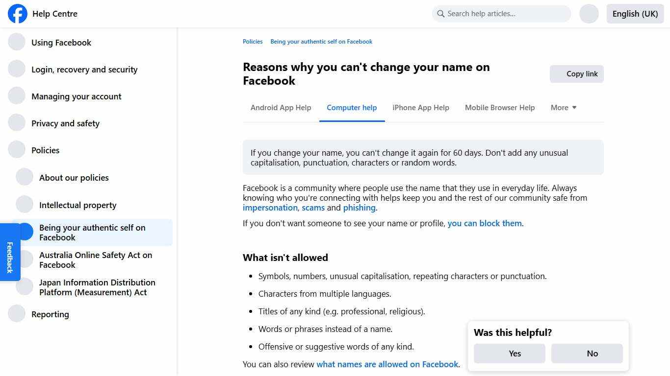 Reasons why you can't change your name on Facebook Facebook Help Centre